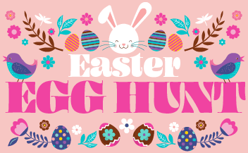 Colorful Easter Egg Hunt graphic with bunny, decorated eggs, flowers, and birds promoting a church Easter event.