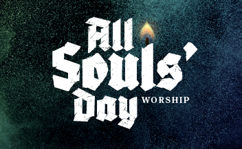 All Souls’ Day Worship graphic featuring bold white Gothic lettering and a glowing candle against a dark, textured background for Good Shepherd Episcopal Church in Austin, Texas.