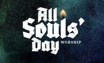 All Souls’ Day Worship graphic featuring bold white Gothic lettering and a glowing candle against a dark, textured background for Good Shepherd Episcopal Church in Austin, Texas.