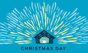 Christmas Day worship service at The Episcopal Church of the Good Shepherd (Austin) in the nave, with an illuminated altar, congregation gathered in pews, and festive lighting and decorations.