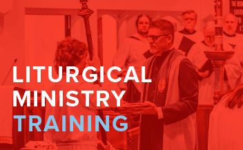 Liturgical Ministry Training graphic featuring Episcopal clergy and lay ministers serving during worship at Good Shepherd Episcopal Church in Austin, Texas.