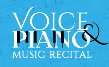 “Voice & Piano Music Recital” graphic on a blue background with faint sheet music. The word “Piano” is stylized with black piano keys incorporated into the vertical strokes of the letters, and the ampersand is designed with a curving flourish resembling a treble clef.