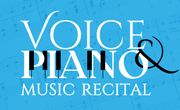 Music Recital “Voice & Piano Music Recital” graphic on a blue background with faint sheet music. The word “Piano” is stylized with black piano keys incorporated into the vertical strokes of the letters, and the ampersand is designed with a curving flourish resembling a treble clef.