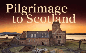 Stone abbey on the Isle of Iona at sunset, with bold text reading “Pilgrimage to Scotland” overlaid above the historic building.