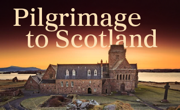 Scotland Pilgimage Stone abbey on the Isle of Iona at sunset, with bold text reading “Pilgrimage to Scotland” overlaid above the historic building.