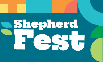 Shepherd Fest event graphic for Good Shepherd Episcopal Church in Austin, Texas, featuring bold white lettering and colorful geometric shapes.
