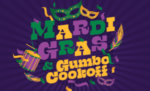 Mardi Gras and Gumbo Cookoff event graphic with festive New Orleans masks, feathers, confetti, and vibrant purple background.