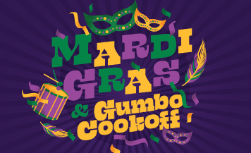 Mardi Gras and Gumbo Cookoff event graphic with festive New Orleans masks, feathers, confetti, and vibrant purple background.