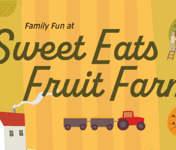 Illustration promoting a family fun event at Sweet Eats Fruit Farm with apple trees, a tractor, and a farmhouse.