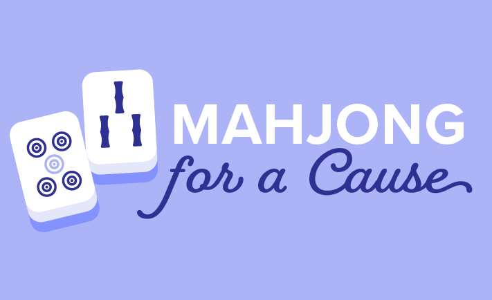Mahjong for a Cause Two illustrated Mahjong tiles—one with circular dots, the other with vertical bamboo lines—sit next to the words “Mahjong for a Cause” in playful script and bold lettering on a light purple background.