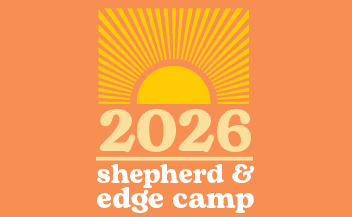 Bright orange and yellow graphic with sunrise icon and bold text reading "2026 Shepherd & Edge Camp" for Episcopal Church of the Good Shepherd's summer program.
