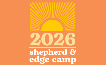 Bright orange and yellow graphic with sunrise icon and bold text reading "2026 Shepherd & Edge Camp" for Episcopal Church of the Good Shepherd's summer program.