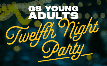 Twelfth Night Party graphic for GS Young Adults at Good Shepherd Episcopal Church, featuring festive lights and bold, decorative text