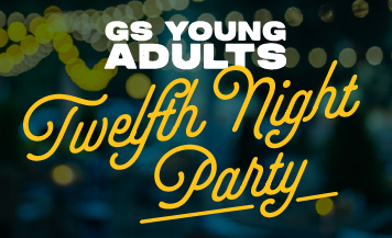 Twelfth Night Party graphic for GS Young Adults at Good Shepherd Episcopal Church, featuring festive lights and bold, decorative text