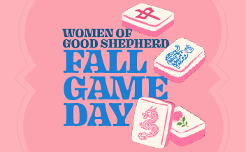 Women of Good Shepherd Fall Game Day graphic featuring colorful mahjong tiles on a pink background, promoting women's fellowship at Good Shepherd Episcopal Church in Austin, Texas.
