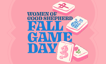Women of Good Shepherd Fall Game Day graphic featuring colorful mahjong tiles on a pink background, promoting women's fellowship at Good Shepherd Episcopal Church in Austin, Texas.