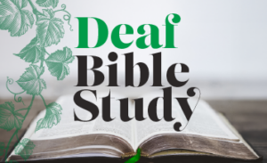 Graphic promoting Deaf Bible Study at Good Shepherd Episcopal Church in Austin, Texas, featuring an open Bible and green botanical illustration.