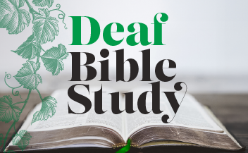 Graphic promoting Deaf Bible Study at Good Shepherd Episcopal Church in Austin, Texas, featuring an open Bible and green botanical illustration.