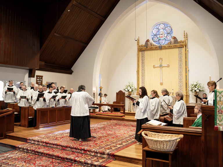 Choir members sing during an Episcopal worship service at Good Shepherd Episcopal Church in Austin, Texas.