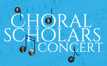 Graphic promoting the Choral Scholars Concert at Good Shepherd Episcopal Church in Austin, Texas, featuring musical notation and portraits of featured singers.
