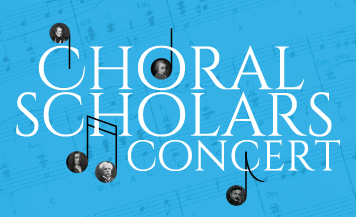Graphic promoting the Choral Scholars Concert at Good Shepherd Episcopal Church in Austin, Texas, featuring musical notation and portraits of featured singers.