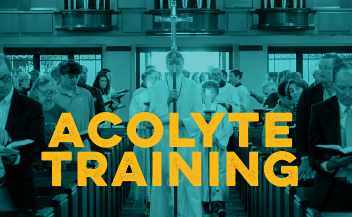 Graphic promoting Acolyte Training at Good Shepherd Episcopal Church in Austin, Texas, featuring acolytes processing during an Episcopal worship service.