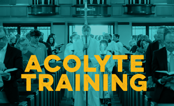 Graphic promoting Acolyte Training at Good Shepherd Episcopal Church in Austin, Texas, featuring acolytes processing during an Episcopal worship service.