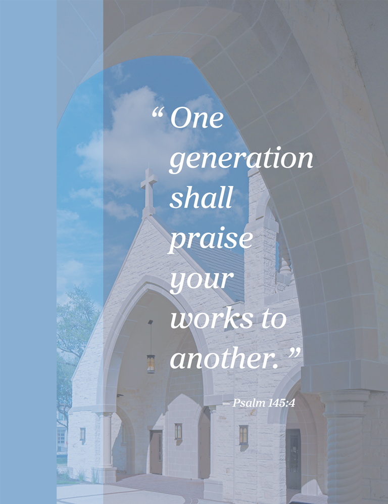 Inspirational planned giving graphic featuring Good Shepherd Episcopal Church in Austin, Texas, with Psalm 145:4 displayed over the church entrance.