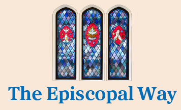 The Episcopal Way event graphic featuring three stained glass windows with Christian symbols at Good Shepherd Episcopal Church in Austin, Texas.