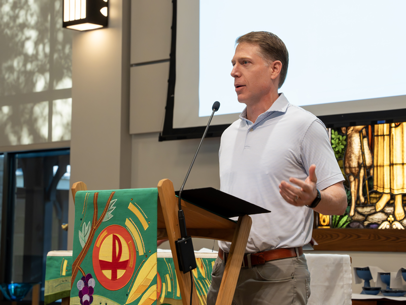 Parishioner delivers a stewardship message during worship at Good Shepherd Episcopal Church in Austin, Texas.
