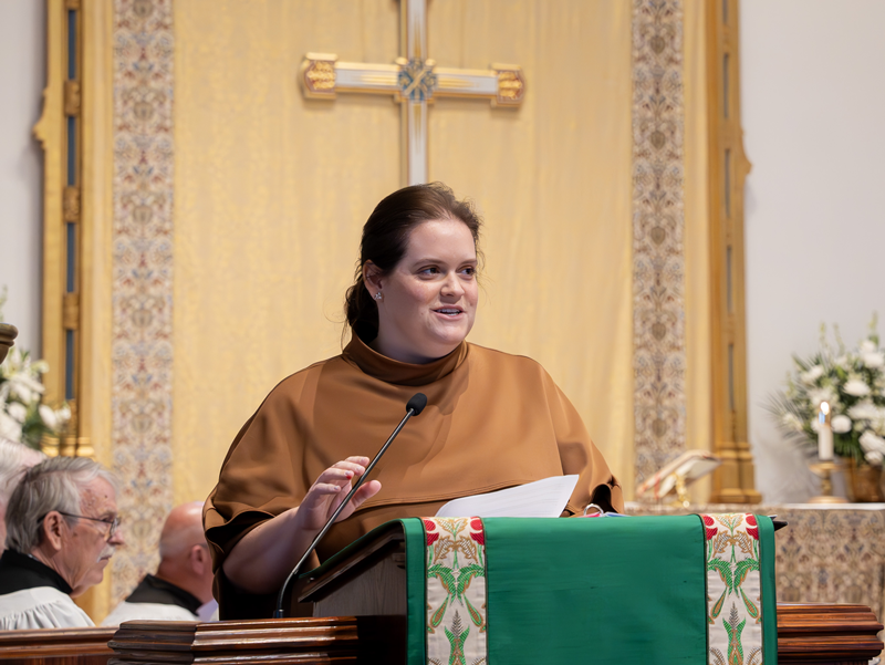 Parishioner shares a stewardship reflection during a worship service at Good Shepherd Episcopal Church in Austin, Texas.