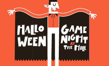 Halloween Game Night at The Hill event graphic featuring a playful illustrated vampire with a black cape against a bright orange background.
