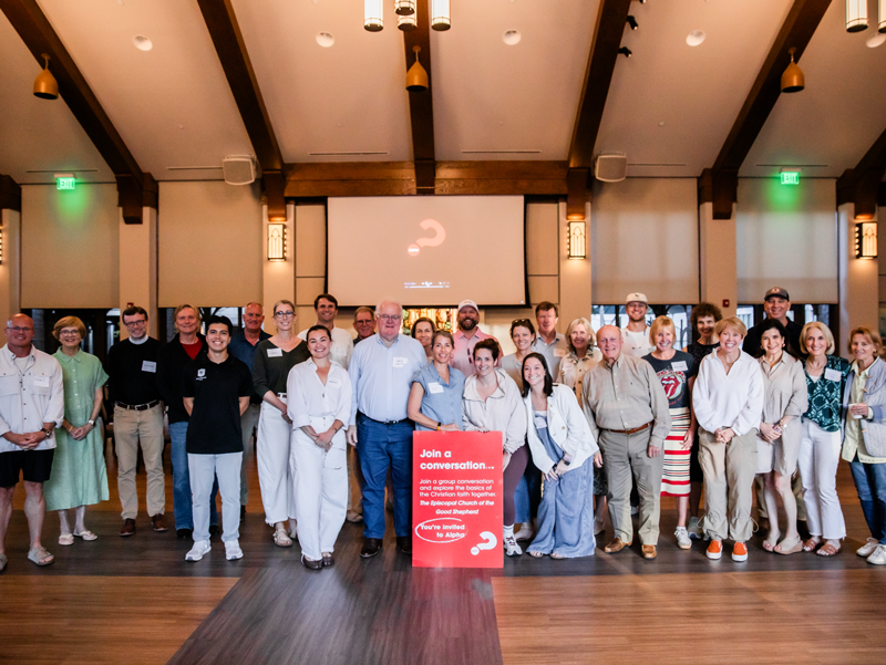 Alpha participants gather for a group photo at Good Shepherd Episcopal Church in Austin, Texas, following a conversation about faith, life, and Christianity.